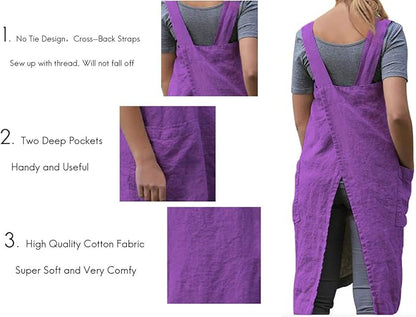 Larmliss Women's Pinafore Square Apron Baking Cooking Gardening Works Cross Back Cotton/Linen Blend Dress with 2 Pockets