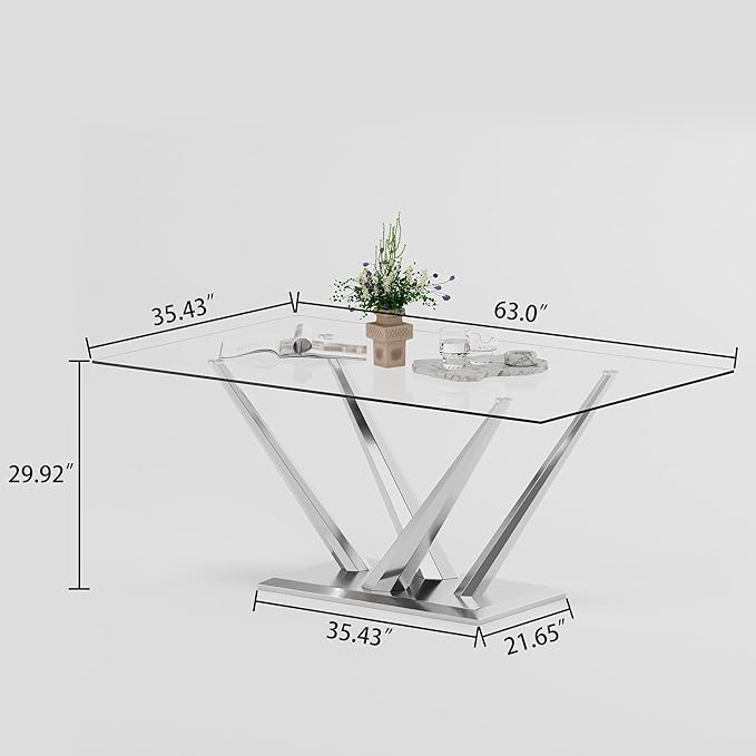 Luxury Silver Glass Dining Table for 4-6 Modern 63-Inch Rectangular Kitchen & Dining Room Table with Double V-Shape Stainless Steel Base Large Clear Glass Top Dining Table for Home Office