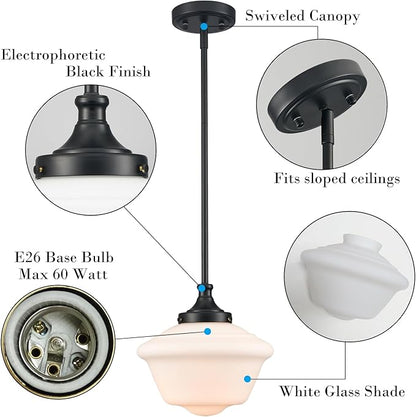 SAMTEEN 10-Inch Black Schoolhouse Pendant Light with White Glass Shade Schoolhouse Light Fixture Adjustable Height Modern Schoolhouse Pendant Lighting for Kitchen Island Dining Room Living Room