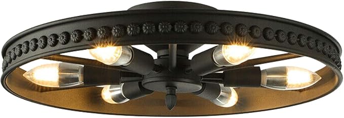 Industrial Wagon Wheel Chandelier 6 Lights, Rustic Flush Mount Ceiling Light Fixture, Retro Ceiling Lamp Hanging Lamp for Kitchen Island Dining Room18 Inch Black,(Bulb Not Include)