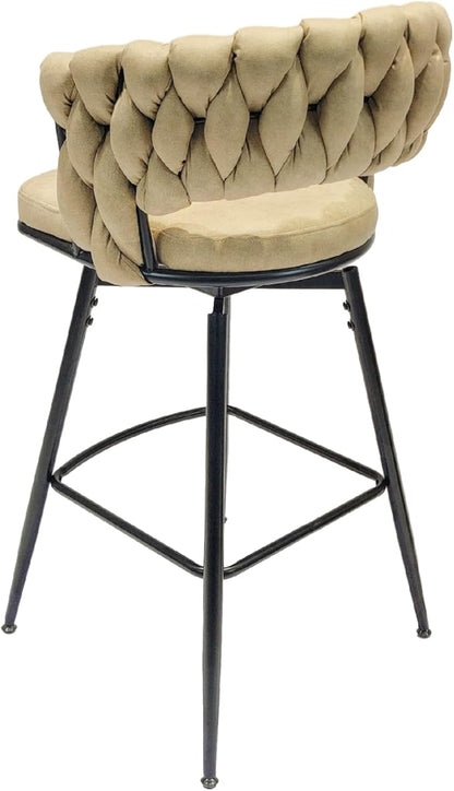 28" Technical Leather Woven Bar Stool Set of 2,Black Legs Bar stools No Adjustable Kitchen Island Chairs,360 Swivel Bar Stools Upholstered Counter Stool Arm Chairs with Back Footrest (Light Brown)
