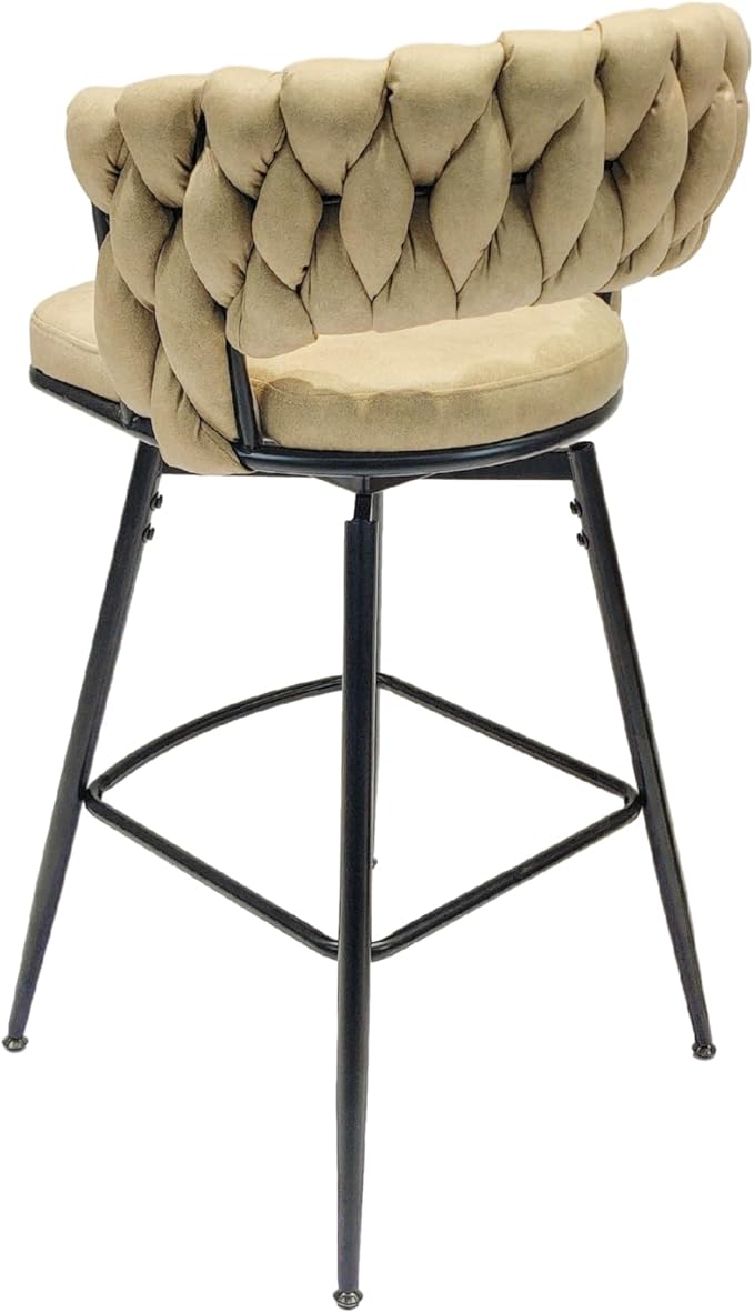 28" Technical Leather Woven Bar Stool Set of 2,Black Legs Bar stools No Adjustable Kitchen Island Chairs,360 Swivel Bar Stools Upholstered Counter Stool Arm Chairs with Back Footrest (Light Brown)