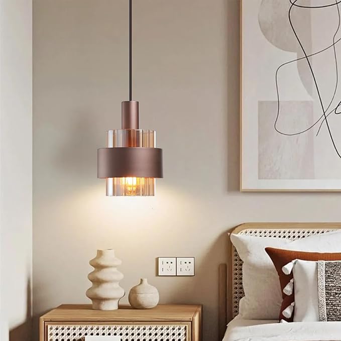 Modern Pendant Light Kitchen Island, 7.3" Mini Hanging Lamp Over Sink, Adjustable Cord Chandelier Ceiling Lighting Fixtures with Amber Glass Lampshade
