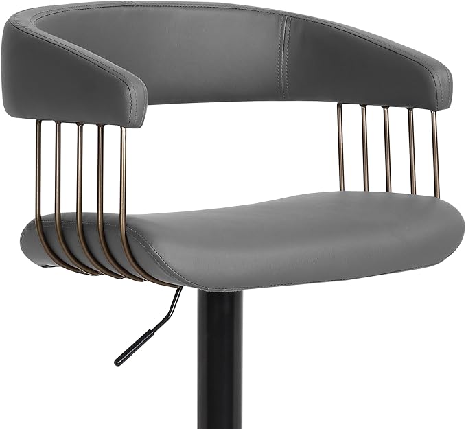Armen Living Calista Adjustable Height Mid Century Modern Swivel Bar Stool for Kitchen Island Counter in Gray Faux Leather with Golden Bronze and Black Metal