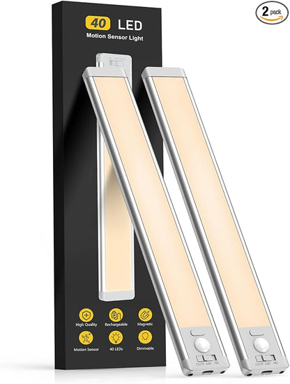 MCGOR 10inch Under Cabinet Lighting, 2 Pack Rechargeable Motion Sensor Light Indoor, 5 Levels Dimmable Magnetic Closet Lights, Wireless Under Counter Lights for Kitchen, Stairs