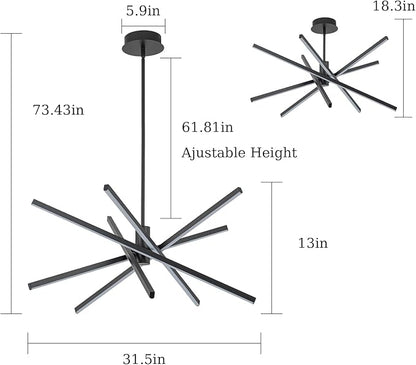 Y'INSP Black Sputnik Chandeliers Modern LED Linear Chandelier Light 5 Lights Dining Room Light Fixtures Over Table Embedded 45W Sputnik Light Fixture for Kitchen Island Bedroom Living Room