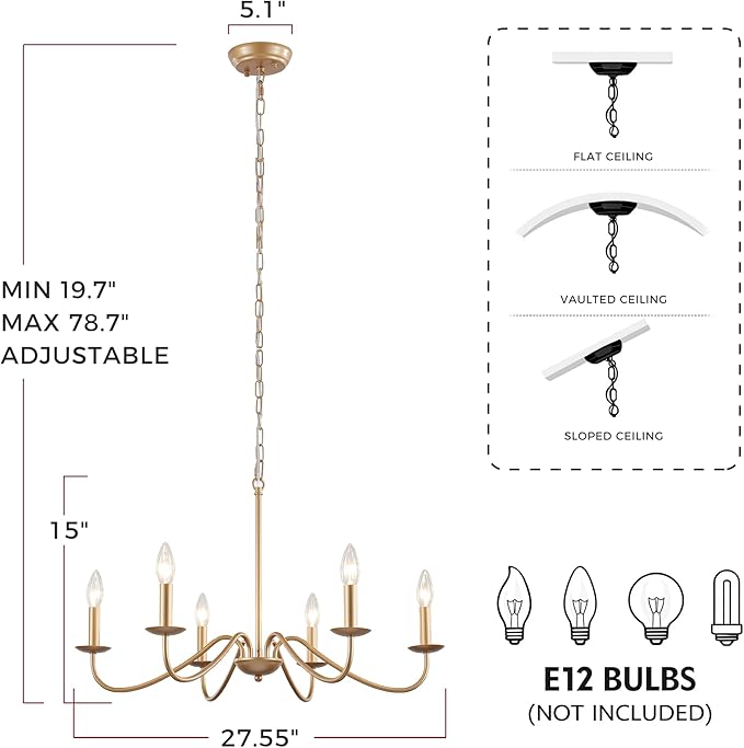 6-Light Gold Chandelier, 27.5'' Modern Farmhouse Dining Room Light Fixture Over Table, Rustic Vintage Candle Chandeliers Gold Hanging Lighting Fixtures for Foyer Entryway Living Room Bedroom Kitchen