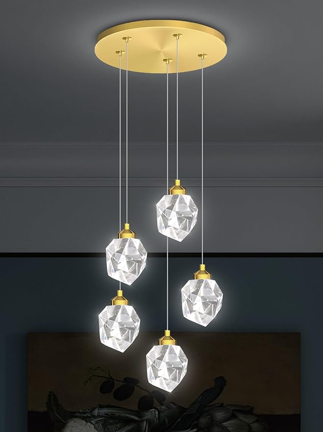 5-Light Gold Crystal Drop Pendant Light, Kitchen Island Hanging Light Fixtures, Modern Solid Clear Crystal Chandelier for Dining Room Living Room Foyer