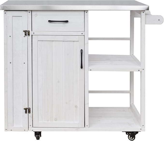 JIJIWANG 35.6" Outdoor Kitchen Island with Stainless Steel Top and Towel and Spice Racks, Rolling Kitchen Island with Storage for Small Spaces Patio White