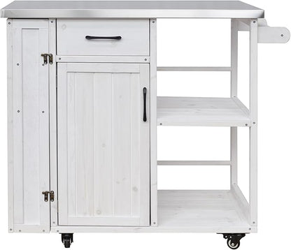 JIJIWANG 35.6" Outdoor Kitchen Island with Stainless Steel Top and Towel and Spice Racks, Rolling Kitchen Island with Storage for Small Spaces Patio White