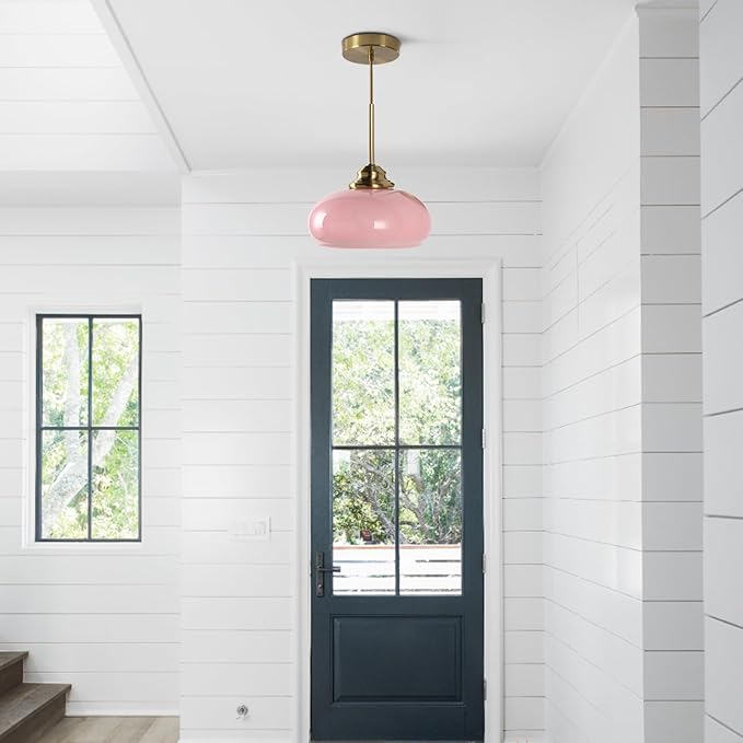 KCO Lighting Retro Pink Kitchen Pendant Light Mid Century Gold Hanging Light Vintage Dome Glass Pendant Light Small Globe Hanging Lights