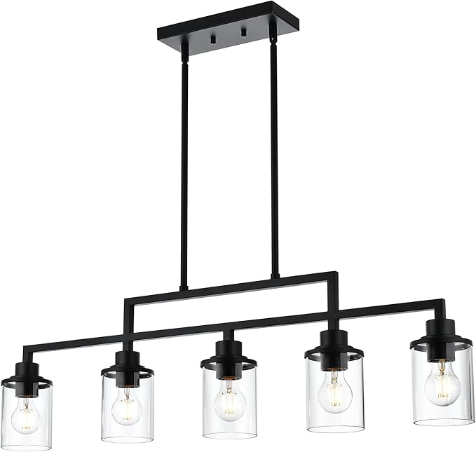 Kitchen Chandeliers Over Table 5-Light Linear Dining Table Light Fixture Hanging Light Adjustable Height with Clear Glass Shade, Black Island Lights for Kitchen Dining Room Foyer