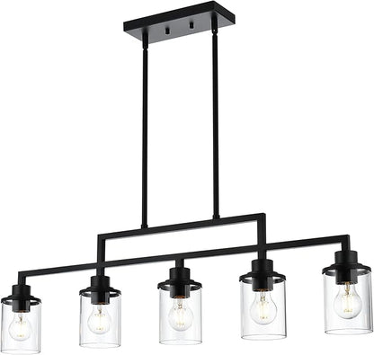 Kitchen Chandeliers Over Table 5-Light Linear Dining Table Light Fixture Hanging Light Adjustable Height with Clear Glass Shade, Black Island Lights for Kitchen Dining Room Foyer