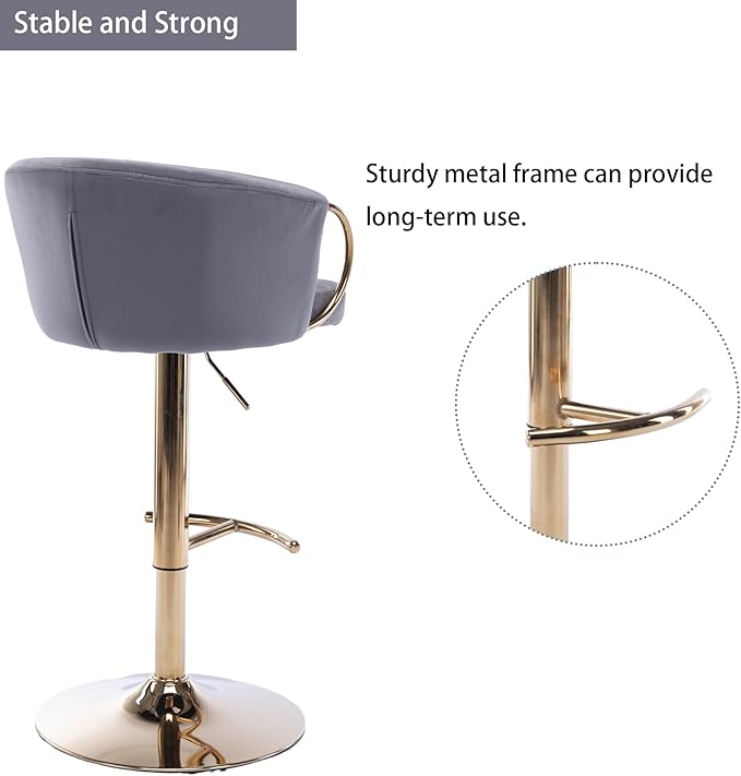 Rhomtree 24-32 Inch Swivel Bar Stools, Adjustable Counter Height Barstools with Gold Stable Metal Frame Footrest, Upholstered Bar Chairs for Home Bar Kitchen Island(Gray Set of 6)