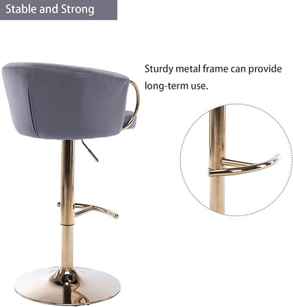 Rhomtree 24-32 Inch Swivel Bar Stools, Adjustable Counter Height Barstools with Gold Stable Metal Frame Footrest, Upholstered Bar Chairs for Home Bar Kitchen Island(Gray Set of 2)
