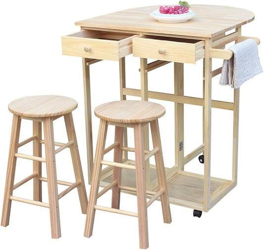 LITOU Kitchen Island on Wheels,Small Kitchen Table with Rolling Casters,Dining Table Set with Folding Drop Leaf 2 Drawers, Small Kitchen Table Set for 2 Square Stools - Natural