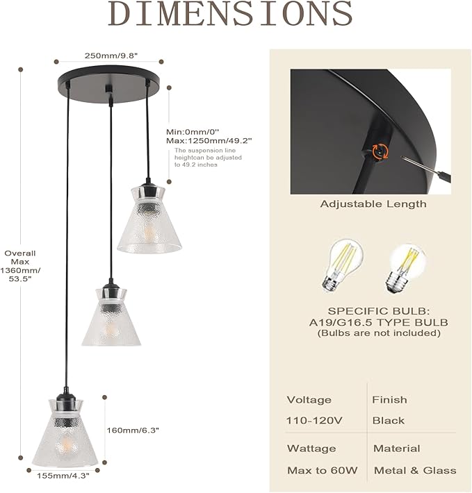 Black Kitchen Island Lighting, 3-Light Farmhouse Pendant Light with Clear Seeded Glass Shades, Adjustable Dining Room Light Fixture, E26 Dimmable Hanging Chandelier for Entryway Hallway