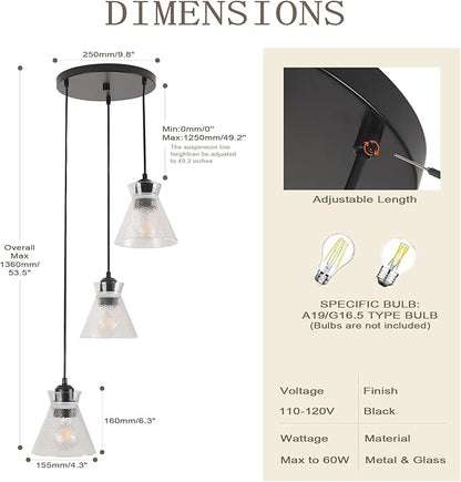 Black Kitchen Island Lighting, 3-Light Farmhouse Pendant Light with Clear Seeded Glass Shades, Adjustable Dining Room Light Fixture, E26 Dimmable Hanging Chandelier for Entryway Hallway
