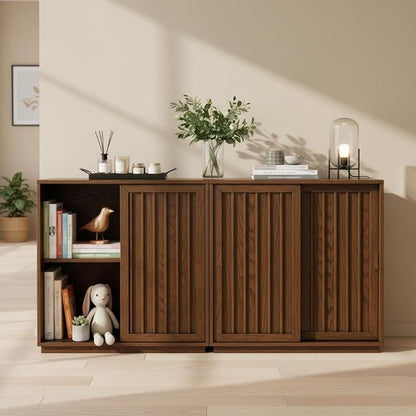 Amposei Mid Century Modern Sideboard Cabinet | Slim Fluted Credenza with Sliding Doors | Narrow Storage Buffet Console Table for Small Spaces, Living Room, Entryway, Kitchen (Walnut, 32")