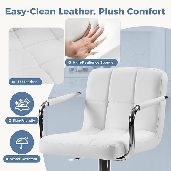 DUMOS Bar Stools Set of 2, Adjustable Swivel Bar Chairs with Padded Armrests and Ergonomic Backrest for Kitchen Island Counter Pub Dining Room, Water-Resistant PU Leather, White