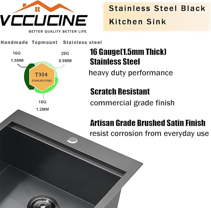 VC CUCINE 15x20 Inch Gunmetal Black Drop-in Bar Sink, Single Bowl, 16 Gauge Stainless Steel, Topmount, Modern, Workstation Sink with Accessories