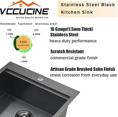 VC CUCINE 15x20 Inch Gunmetal Black Drop-in Bar Sink, Single Bowl, 16 Gauge Stainless Steel, Topmount, Modern, Workstation Sink with Accessories