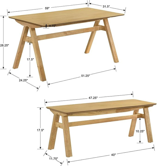 DUOMAY Wooden Dining Table with Bench Set, 59" Wide Rectangle Kitchen Table with 2 Long Benches for 4-6 for Home Small Space, Original Wood Color