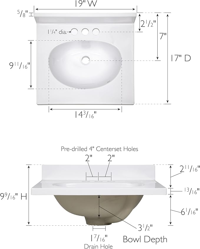 Design House Cultured Marble Vanity Top, 19 in W x 17 in D, Integrated 4 in Centerset Oval Sink & Backsplash, Solid White, 586172