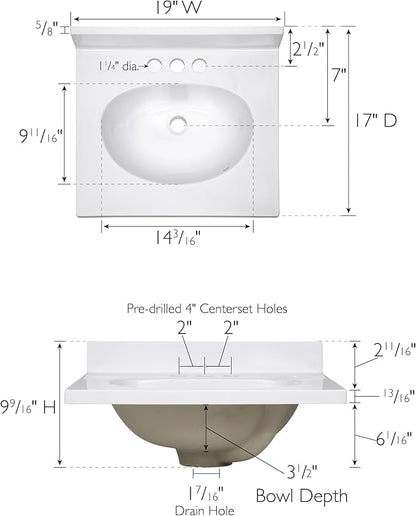 Design House Cultured Marble Vanity Top, 19 in W x 17 in D, Integrated 4 in Centerset Oval Sink & Backsplash, Solid White, 586172