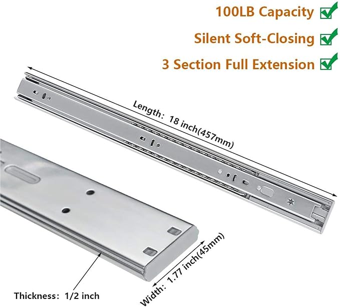 LONTAN 5 Pairs 18 Inch Soft Close Drawer Slides Side Mount Heavy Duty Cabinet Drawer Glides Ball Bearing Full Extension Kitchen Cabinet Rails 100 LB Capacity
