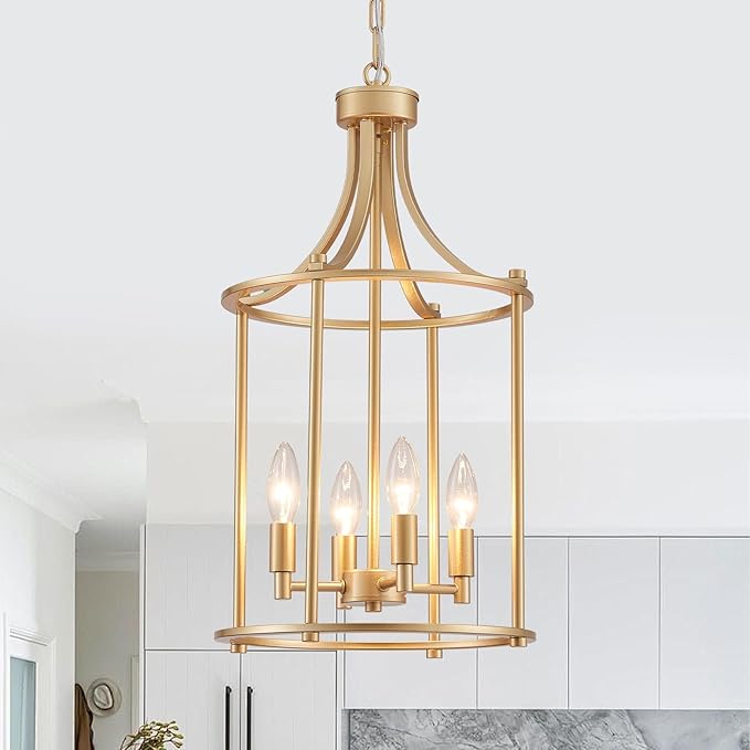 XINGQI Gold Chandeliers for Dining Room,4 Light Hanging Lantern Pendant Light Fixture Metal Farmhouse Geometric Chandelier Cage Pendant for Kitchen Island Entryway Living Room