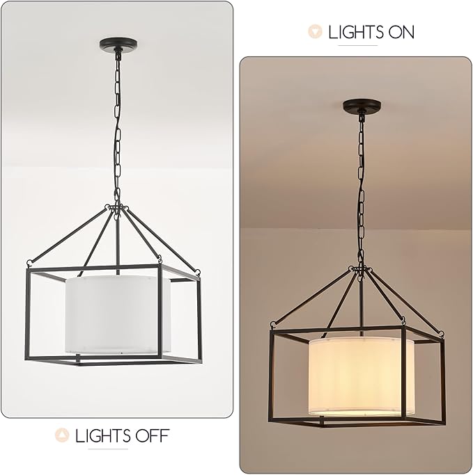 VILUXY Modern Farmhouse Chandelier 17" Black Ceiling Pendant Light with White Fabric Drum Chandeliers Round Square Hanging Lighting for Dining Room Bedroom Foyer