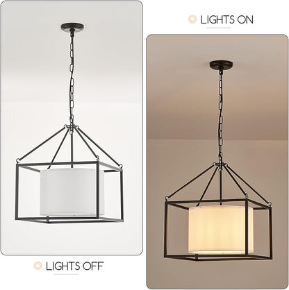 VILUXY Modern Farmhouse Chandelier 17" Black Ceiling Pendant Light with White Fabric Drum Chandeliers Round Square Hanging Lighting for Dining Room Bedroom Foyer