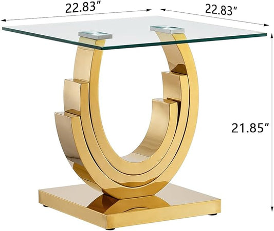 HomVent 22.83" Glass End Table, Living Room Tables, Modern Gold Tempered Glass Top Side Tables Bedroom, Square Small Bed Bedside Eating Table Nightstand for Home Office with Stainless Steel Base