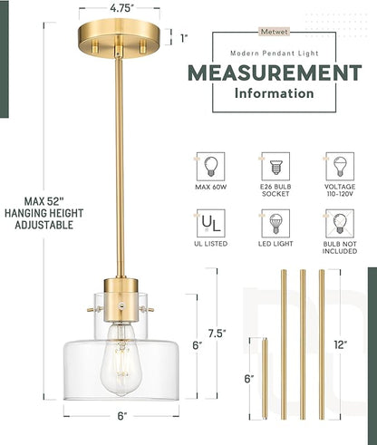 Brushed Gold Pendant Lights Kitchen Island, 6" Pendant Light Fixtures Over Island with Clear Glass Shade, Modern Brass Kitchen Island Lighting for Dining Room Entryway, PL124-BG-G-1PK