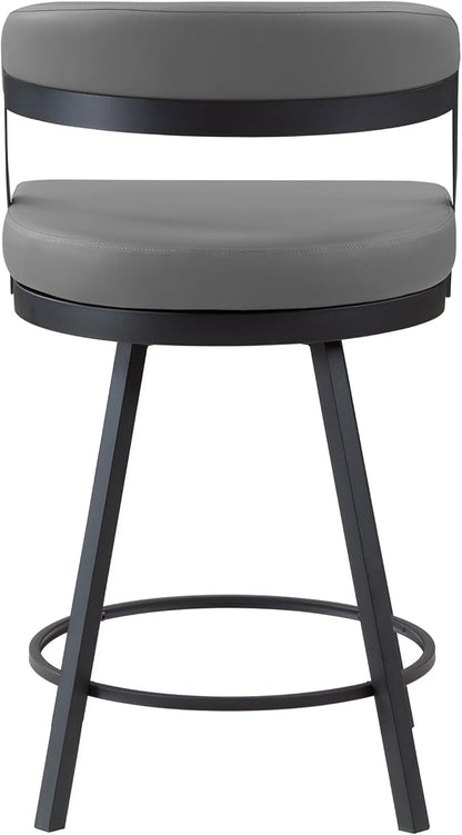 Lexicon Swivel Counter Height Stools Set of 2 - Counter Height Stools for Kitchen Island, Padded Seat, Open Back, Sturdy Black Metal Frame Finish and Grey Faux Leather Cushion Seat, Grey