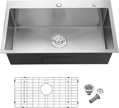 MENATT 28x18 Inch Drop in Kitchen Sink, 304 Stainless Steel Single Bowl with Dual Faucet Holes & Bottom Grid Mat, X-Shape Drain, 9" Deep for Large Kitchen, Wet Bar, Laundry Room