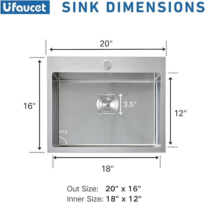 20 Inch Drop In Kitchen Sink, 20 x 16 Stainless Steel Single Bowl Top Mount Drop In Bar Wet Prep RV Outdoor Kitchen Sink, 16 Gauge Brushed Nickel