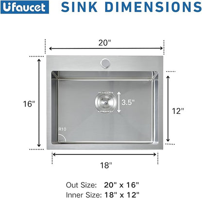 20 Inch Drop In Kitchen Sink, 20 x 16 Stainless Steel Single Bowl Top Mount Drop In Bar Wet Prep RV Outdoor Kitchen Sink, 16 Gauge Brushed Nickel