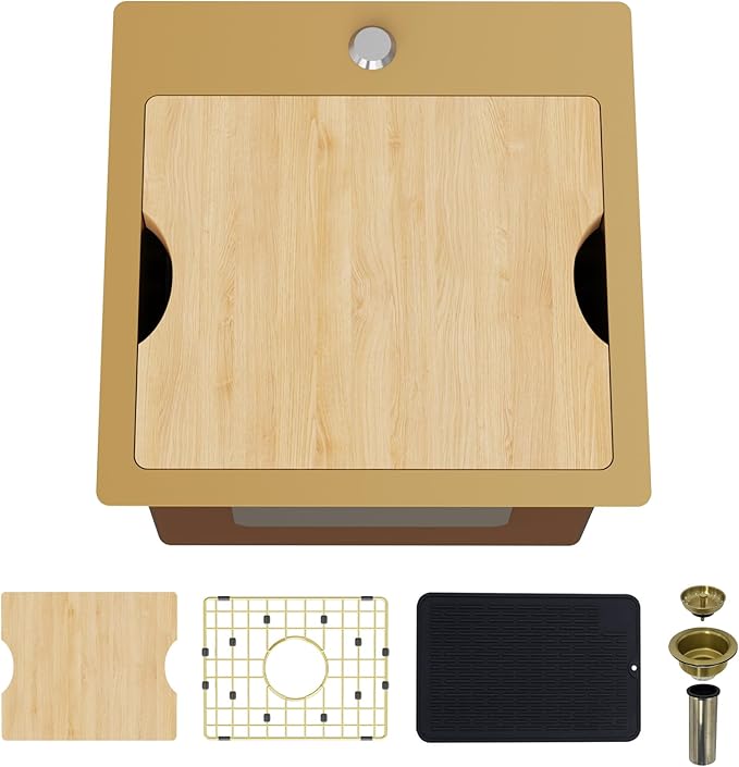 Gold Kitchen & Bar Sink Workstation, 15"x15" Stainless Steel Drop-In Single Bowl With Gold-Tone Accessories - Stylish and Luxurious Look for Kitchens