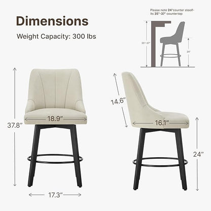24" Counter Height Bar Stools Set of 4, Swivel Bar Stools with Backs, Fabric Upholstered Counter Barstools with Solid Wood Legs for Kitchen Island,Sand