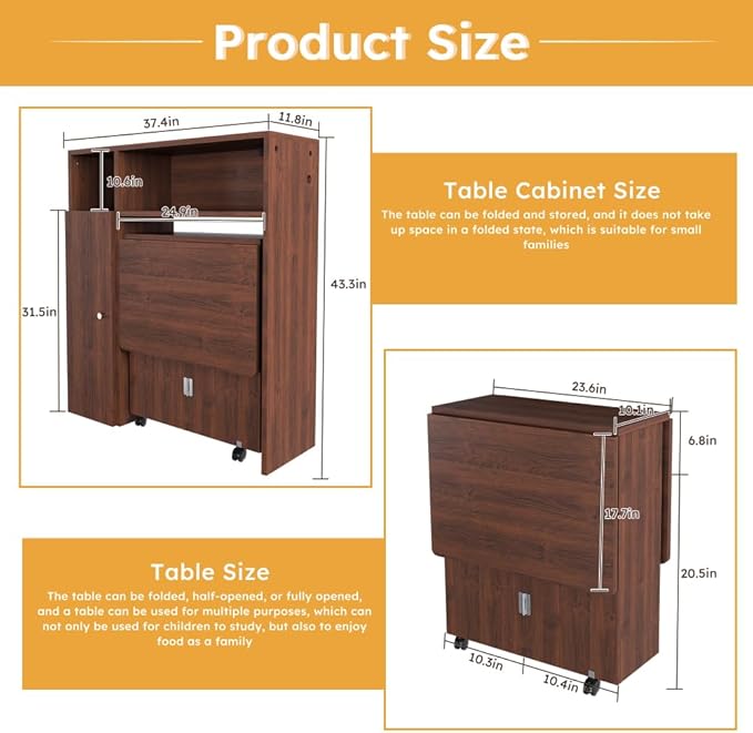 Wall-Mounted Folding Dining Set, Smart Sideboard with Power Outlet & Storage, 3-Mode Expandable Table for6 People, Space-Saving Solution for Small Apartments