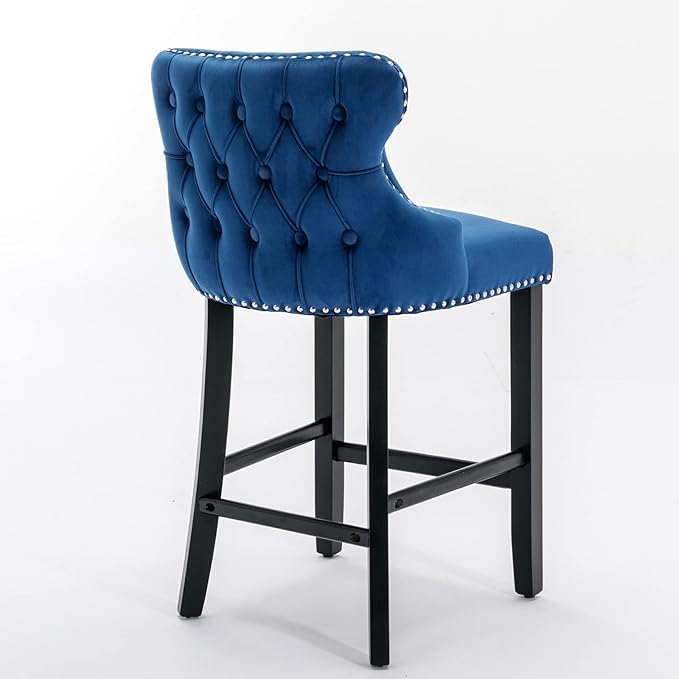 Rhomtree Elegant Button Tufted Upholstered Fabric Bar Stools with Nailhead Trim, Dining Side Chair, Leisure Padded Chairs with Solid Wooden Legs Home Kitchen Island Wooden Bar Chairs (Blue, Set of 2)