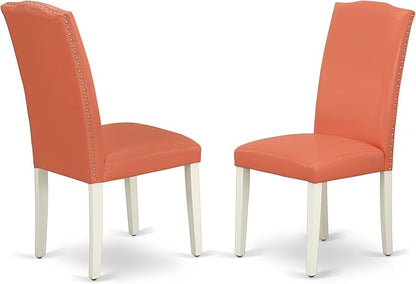 East West Furniture ENP2T78 Encinal Parsons Dining Chairs - Nailhead Trim Pink Flamingo Faux Leather Upholstered Chairs, Set of 2, Linen White