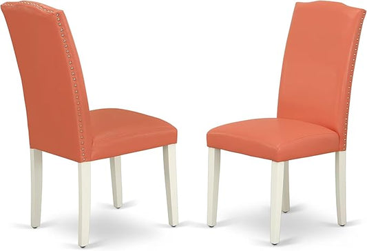 East West Furniture ENP2T78 Encinal Parsons Dining Chairs - Nailhead Trim Pink Flamingo Faux Leather Upholstered Chairs, Set of 2, Linen White