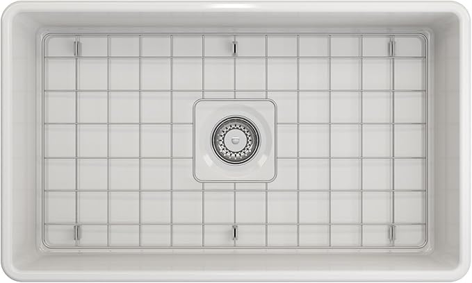 BOCCHI Classico White Apron Front Fireclay 30 in. Single Bowl Kitchen Sink with Protective Bottom Grid, Strainer, and Chrome Faucet