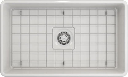 BOCCHI Classico White Apron Front Fireclay 30 in. Single Bowl Kitchen Sink with Protective Bottom Grid, Strainer, and Chrome Faucet