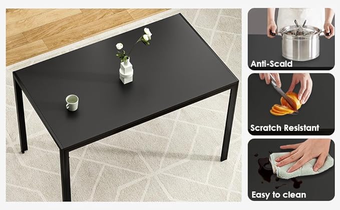 47" Mid Century Modern MDF Top Island Table, Rustic Dining Table with Sturdy Metal Frame, Farmhouse Dining Table with Multi-Used for Home Kitchen, Office, Study Nooks, Black