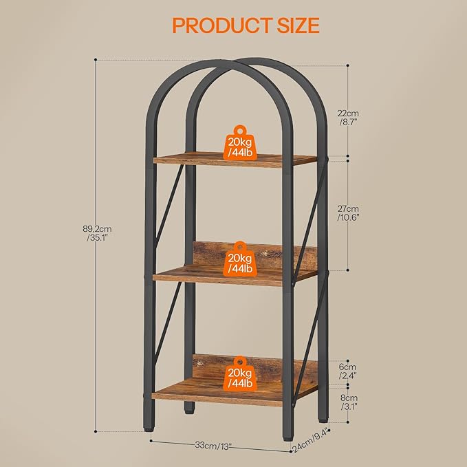 HOOBRO Bookshelf, 3-Tier Bookshelf Arched Display Racks, Industrial Bookcase with Metal Frame, Book Shelf Storage Organizer for Living Room, Office, Bedroom, Rustic Brow and Black BF423SJ01