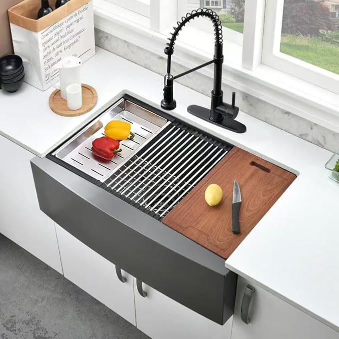 33 Inch Black Stainless Steel Farmhouse Sink Workstation-Bokaiya 33x22 Inch Apron Front Farmhouse Kitchen Sink 16 Gauge 10" Deep Single Bowl Farm Sink with Cutting Board